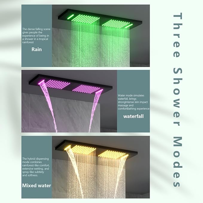 35.5X12 Inch Ceiling LED Music Dual Rain Shower Head Fit 2 Person Bathroom, Smart Large Luxury Thermostatic Rainfall Shower System Fixtures Set (Matte Black, Shower System With Body Jets)