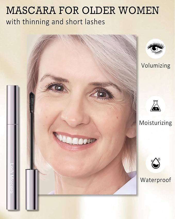 Black Mascara for Older Women 60 Plus- 2Pcs Tube Máscara Volume and Length for Mature Women with Thinning Lashes,Hypoallergenic Prime Mascara for Sensitive Eyes, Non Clumping Waterproof Long Lasting