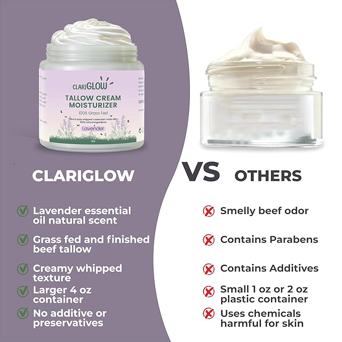 Clariglow Whipped Beef Tallow Skin Moisturizer - 100% Grass Fed Beef Tallow Face Cream - Natural Lotion Balm Body Moisturizer with Honey & Lavender - 4 oz