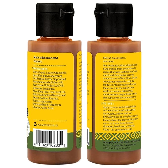 Alaffia Authentic African Black Soap Variety 2-Pack – All-In-One Liquid Soap, Travel-Size Eucalyptus Tea Tree+Full-Size Unscented Body Wash, Face Wash, Shampoo, Shaving Soap