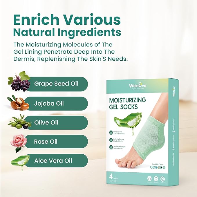 Welnove Moisturizing Heel Socks - 2 Pairs Aloe Vera Extract Infused Gel Lining for Dry Feet - Cracked Heel Repair Treatment - Cotton Socks for Women Men Foot Care (Green, Extra Large)