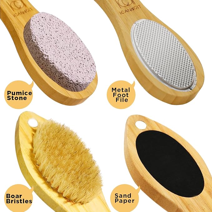 ICDI ICANdOIT Natural Bamboo Foot File Callus Remover-Multi Purpose 4 in 1 Feet Pedicure Kit with Foot Care Boar Bristle Brush,Pumice Stone,Foot Rasp,Sand Paper