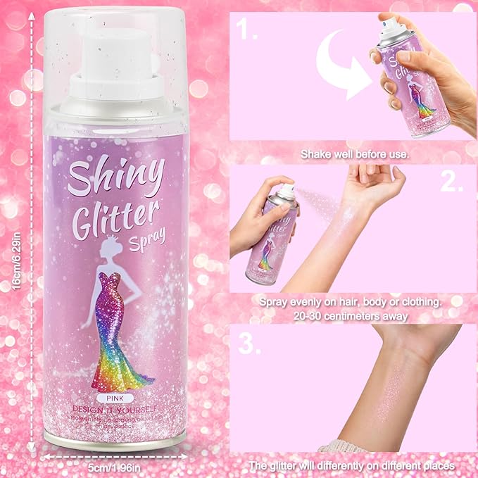 Hair and Body Glitter Spray,Long Lasting Quick-Drying Pink Shimmer Mist for Music Festival Revelry, Nightclub Parties and Balls,Hairspray for Clothes, Face Glitter Spray 4.22 Fl Oz (Pink)