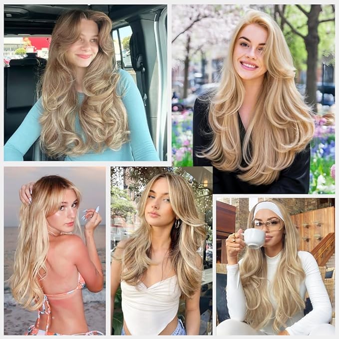 ALXNAN Long Wavy Hair Extensions for Women, Clip in Hair Extensions Clip Ins Soft Full Head Synthetic Hairpieces 20 Inch Dirty Blonde