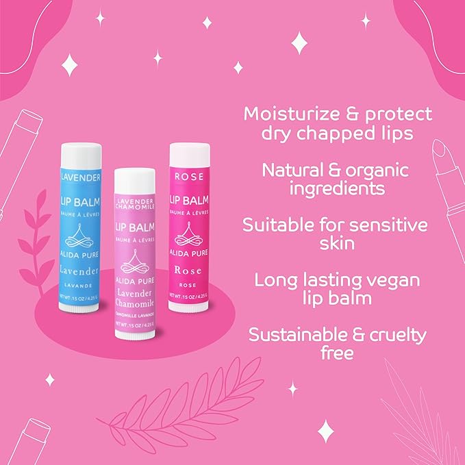 ALIDA PURE Floral Lip Balm Collection, Vegan Set, Beeswax Free, with Organic Jojoba and Avocado Oil, Vitamin E, Natural Moisturizer for Dry, Chapped or Cracked Lips, 3 Tube Set