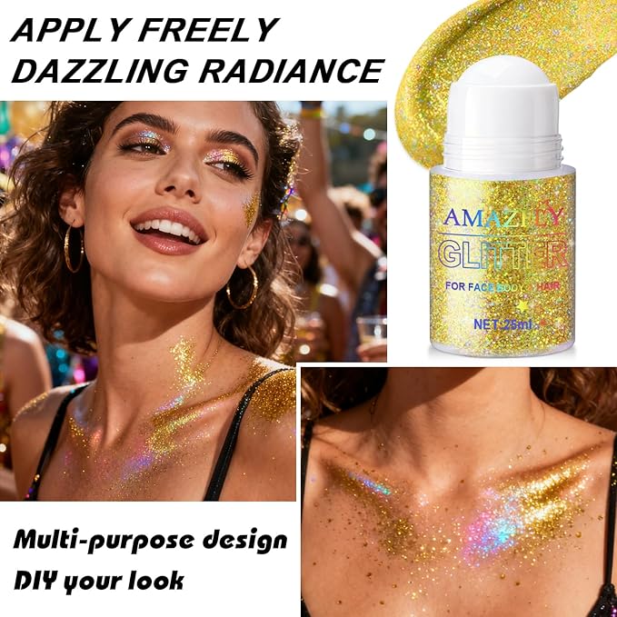 Roll-on Body Glitter Gel Holographic for Face and Hair,Body Glitter Gel Makeup for Kids Women,Body Shimmer Christmas Makeup for Rave Party.(Dazzling Gold)