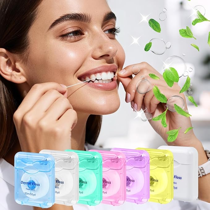 Dental Floss Bulk Travel,50m/55yd Floss in Bulk Mint Flavored Travel Dental Floss Waxed Oral Care for Adults Homeless Teeth Giveaways Kids Patients (7 Colors,Pack of 14)