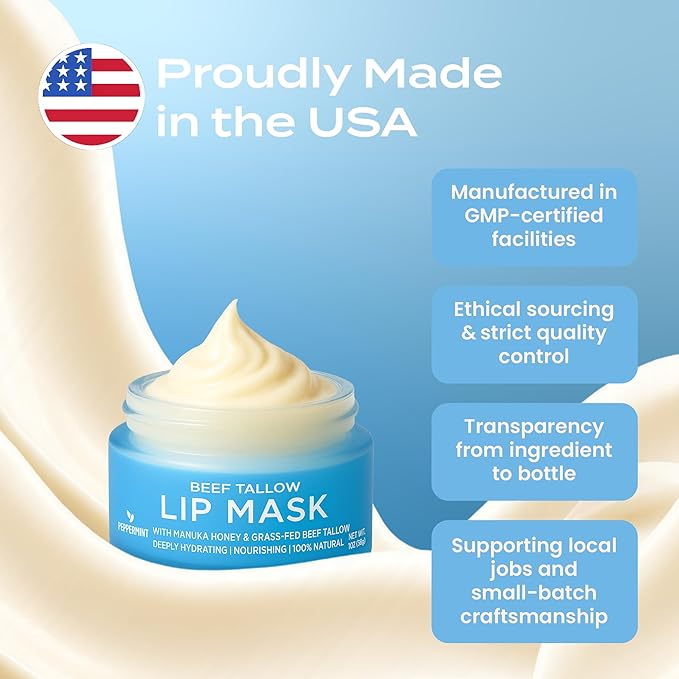 Body Restore Grass Fed Beef Tallow Lip Mask, Manuka Honey – Valentines Day Gifts for Her and Him, Hydrating Moisture, Travel Essentials, Self Care, Birthday Gifts for Women and Men – Peppermint