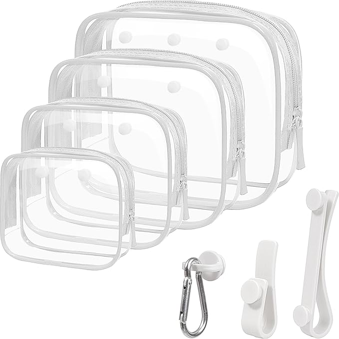 4 Pack Clear Toiletry Bags, Portable Travel Makeup Pouch with Zipper, TSA Approved Organizer, Clear Pouch Bags Compatible With Bogg Bag Divider Accessories (White, Pack of 8)