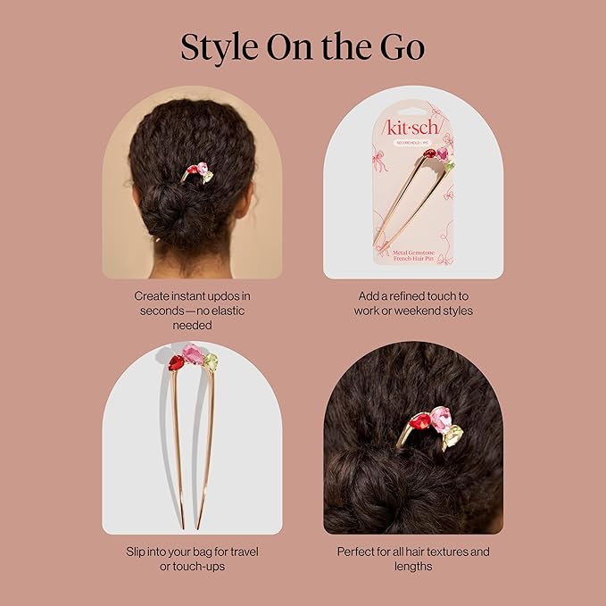 Kitsch French Hair Pin for Women – Gold Hair Accessories with Gemstone Accents, Lightweight Metal Hair Stick for Effortless Updos, Twists & Buns | Ideal Gifts for Women