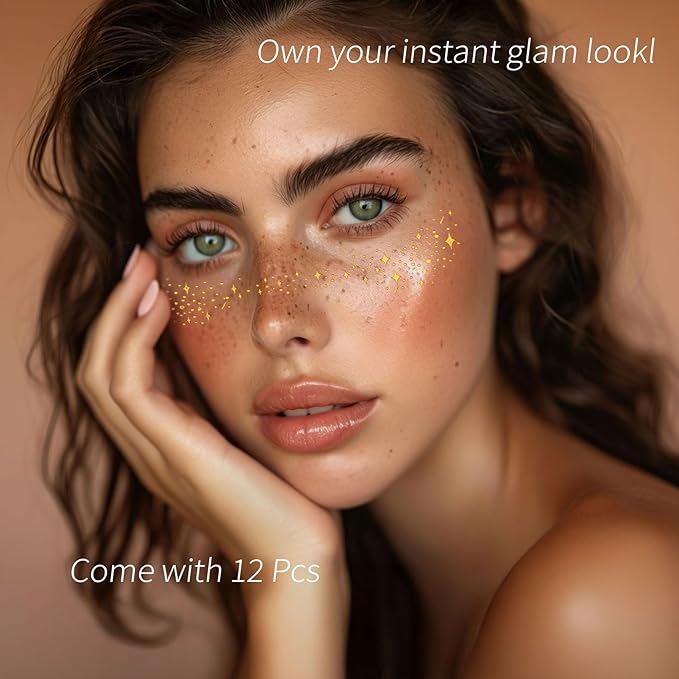 Face Glitter Freckles, 12 Pcs Gold Temporary Face Tattoos Stickers Waterproof Sparkle Face Speckles Makeup Patches Cute Body Temporary Tattoo Rave Accessories for Women Music Festival Accessories