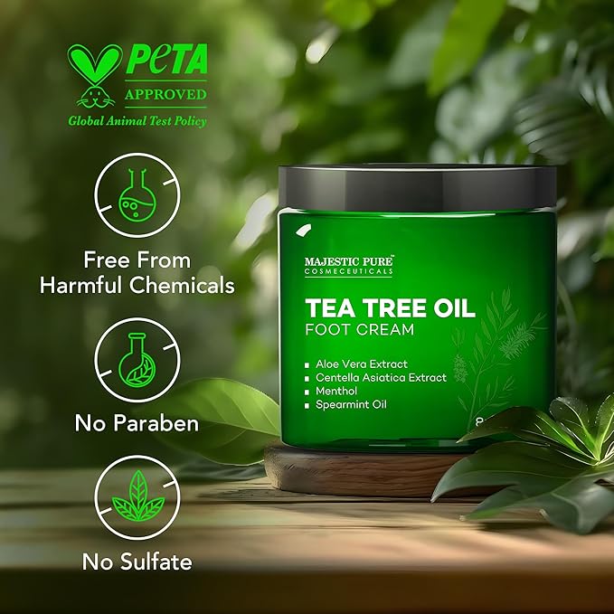 Majestic Pure Tea Tree Oil Foot Cream, Warming Cream - Calluses, Dry Cracked Feet, Hands, Heels, Elbow, Nails, and Knees - Softens & Moisturizes Skin - 8 oz