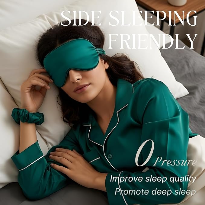 LCBD Silk Satin Sleeping Eye Mask, Dark Green Sleep Eye Mask Night Blindfold for Women and Men, Soft Breathable Blackout Eyeshade Eye Cover for Travel, Wedding Bridesmaid Gift