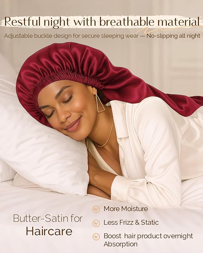 YANIBEST Long Bonnet Braid Bonnet for Sleeping Adjustable Satin Silk Bonnet for Braids Sleep Bonnet for Women Locs Wine Red