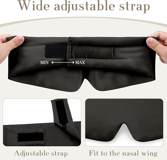 SECZIPE 100% Mulberry Silk Sleep Mask Eye Mask for Women Man with Adjustable Band, for Side Sleeper Blackout Sleep Mask for Travel Rest and Office Large Size (Black)