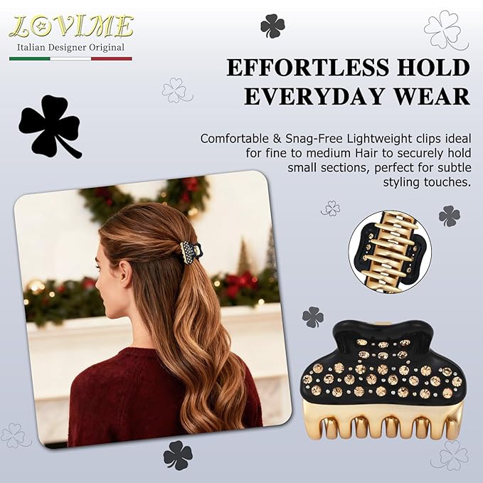 18K Gold Plated Small Claw Clips - 1.7 Inch Cute Rhinestone Hair Clips for Women Girls Thick Thin Hair, Premium French Hair Accessories for Half-Up, Birthday Valentine's Gift for Her, Black