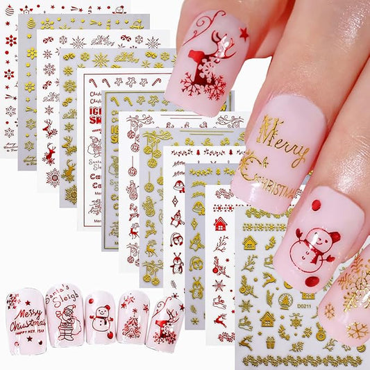 12PCS Christmas Nail Stickers Gold & Red Holographic Nail Art Stickers Festive Reindeer Snowflake Self Adhesive Nail Decals Santa Nail Art Supplies for Women Girls DIY Manicure Nail Art Decorations