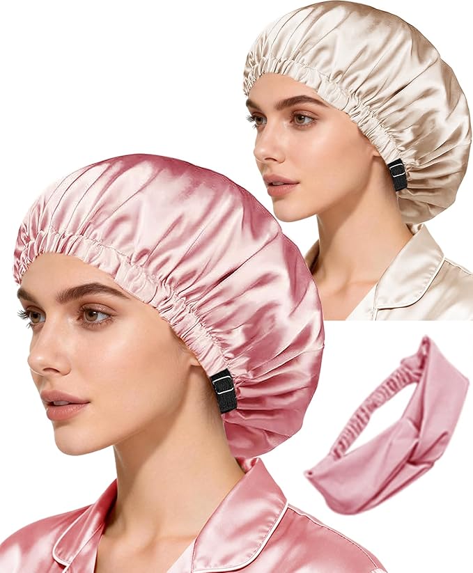 Hair Bonnets 3Pcs Satin Bonnet for Sleeping Silky Bonnets Womens Silk Bonnet Night Caps Curly Hair Sleep Cap for Women