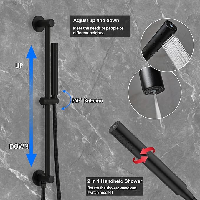 HONGTONGSOWER Shower Faucet Set Matte Black Shower System Temperature Display Diverter Shower Valve and 2 in 1 Handheld with Slide Bar, 12 Inch Ceiling Shower Head with 8 Inch Wall Mount Shower Head