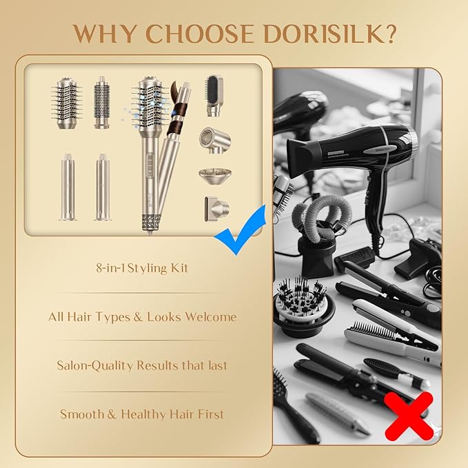 DORISILK 8 in 1 Hair Styler & Hair Dryer Brush Blow Dryer, 110,000 RPM High-Speed Hot Brush Styler and Auto Wrap Curlers, Ionic Smooth for Straightening Curling Volumizing Fast Drying, Champagne Gold