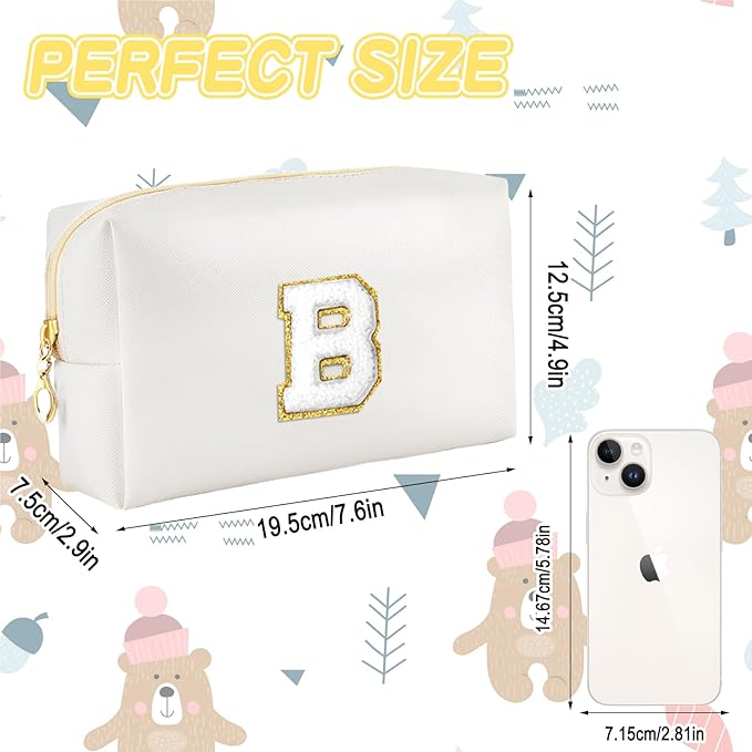URSKYTOUS Gifts for Girls Initial Makeup Bag Personalized Cosmetic Bag with Zipper Cute Travel Toiletry Bags Waterproof PU Preppy Makeup Pouch Birthday Gift for Teen Girls Women(White B)