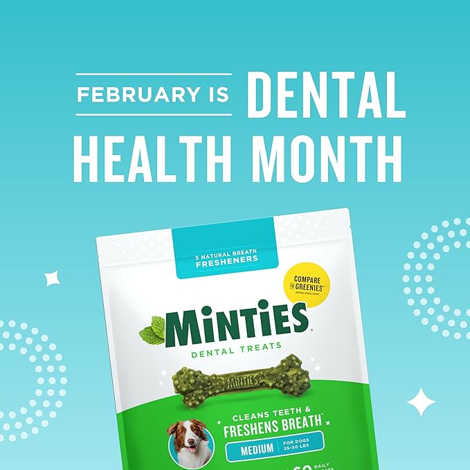 Minties Dental Chews for Dogs, 60 Count, Vet-Recommended Mint-Flavored Dental Dog Treats for Medium Dogs, Bones Clean Teeth, Fight Bad Breath, and Removes Plaque and Tartar