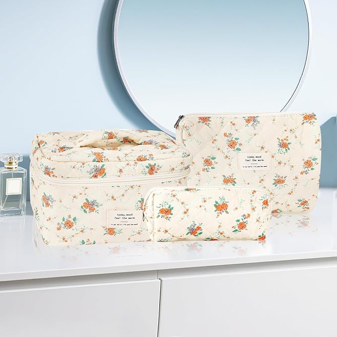 URSKYTOUS 3Pcs Cotton Quilted Makeup Bag for Women Girls Large Small Travel Floral Cosmetic Bags Set Cute Coquette Zipper Makeup Pouch for Purse Aesthetic Cloth Flower Storage Toiletry Bag Organizer