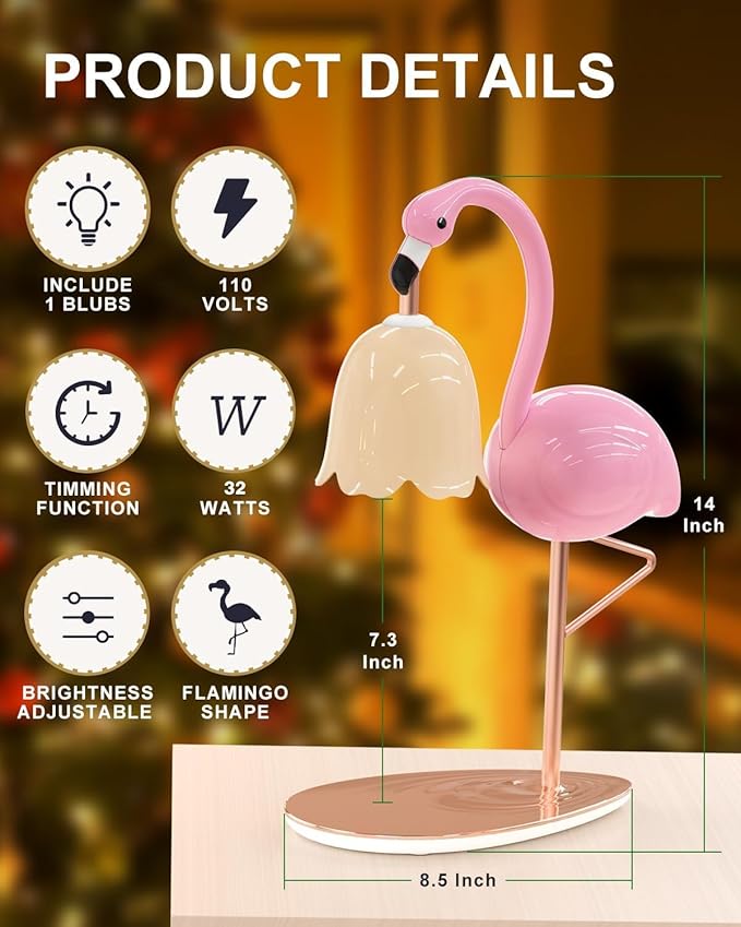 CODOGOY Fragrance Candle Warmer Flamingo Lamp with Timer, Dimmable, Halogen, Polished, Pink, for Home Decor 6.69 x11 x15.35 in