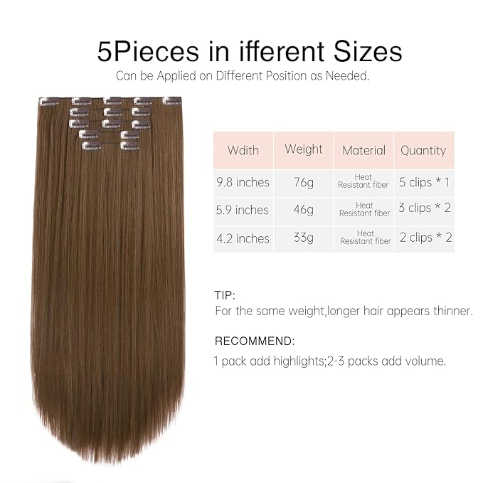 Clip in Hair Extensions Straight 26 Inch Long Invisible Synthetic Extension 5PCS Thick Fake Heat Resistant Clips on Hairpieces for Women Weddings Party Daily Use Golden Copper 8.1 Oz