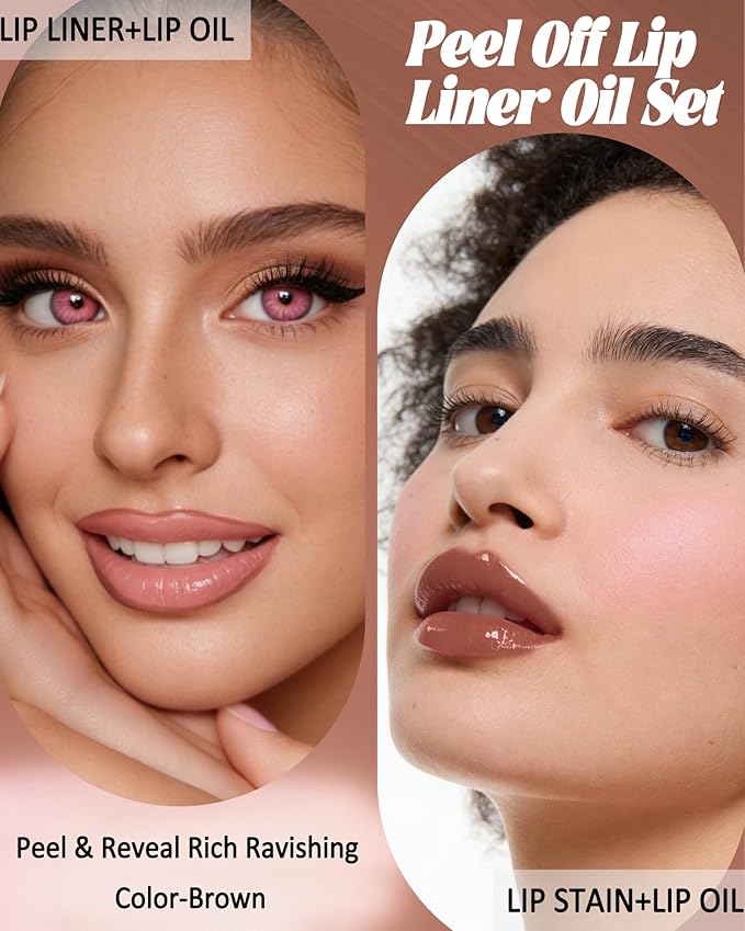 Red Brown Peel off Lip Stain Oil Set,Matte Long Lasting Waterproof Lip Liner Stain Tattoo Peel off,Nourish Non-Sticky Glossy Clear Lipgloss,Natural High Pigmented,Transfer-Proof Lip Combo for Women-04