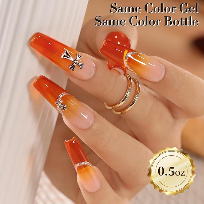 Double Rhythm 0.5 Oz Jelly Gel Polish Same Color Same Bottle Sheer Neutral Natural Light Milky Pastel 15ML Translucent Polish Art DIY at Home (Orange-A1635)