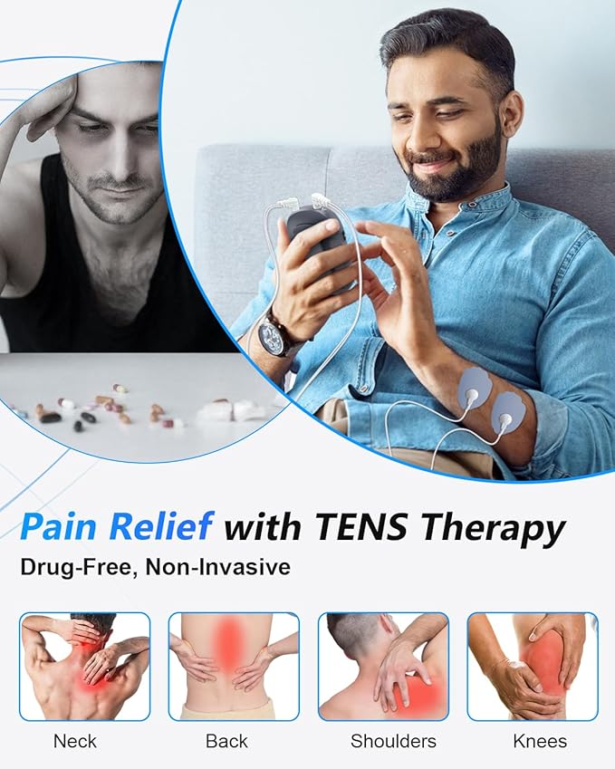TENS Unit Muscle Stimulator for Pain Relief Therapy, Dual Channel TENS & EMS Machine with 24 Modes, 36 Intensity Levels, Large Screen Design, 10 Reusable Pads – Light Grey (Button Layout A)