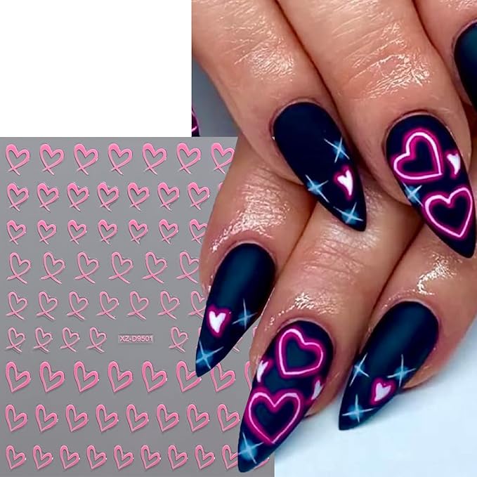 8Pcs Heart Nail Art Stickers 3D Self-Adhesive Sparkling Love Nail Art Decals Gold Silver Red White Black Romantic Heart Designs Nail Sticker for Valentine DIY Manicure Decoration Accessories
