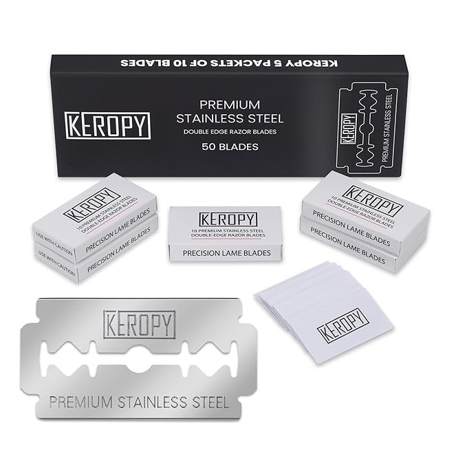 Double Edge Safety Razor Blades-50 Count Premium Razor Blades, Surgical Stainless Steel with Chromium Coating&3X Sharper Edges, Zero Irritation, Fits Most of Safety Razors, Sensitive Skin Safe