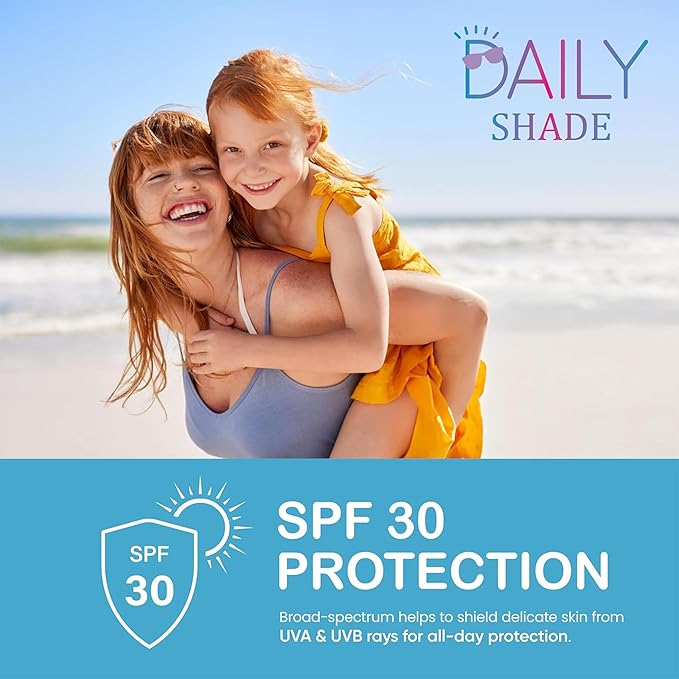 Daily Shade Kid's Sunscreen Starter Kit – Tinted Mineral Sunscreen for Face & Body with SPF 30, Shade Brush, Travel Bag & UV Card – Non-Nano Zinc, Reef Safe, Water Resistant & Hypoallergenic Skin Care