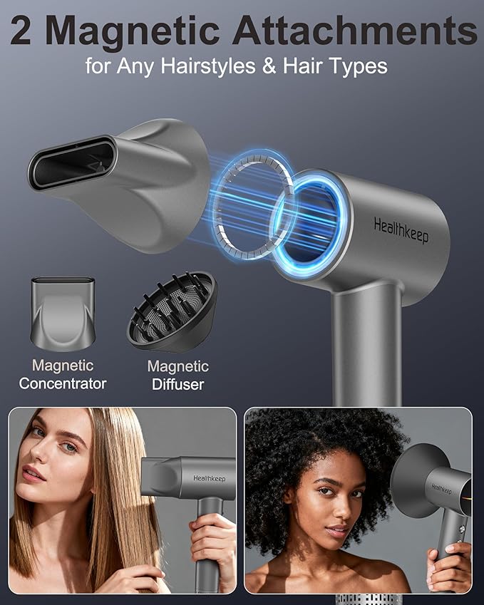 Hair Blow Dryer with Diffuser: 1500W High-Speed Brushless Motor 500M Ionic Technology, Thermo-Control Low Noise for Curly, Straight & Damaged Hair, Home Travel Salon
