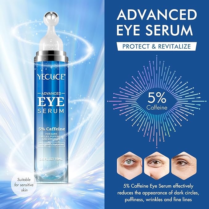5% Caffeine Eye Serum for Dark Circles & Puffiness, Under Eye Serum with Retinol, Hyaluronic Acid & Niacinamide, Cooling 360° Roller Eye Treatment for Fine Lines, 0.5 fl oz