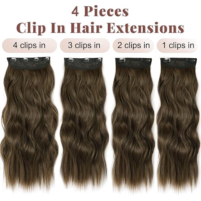 ALXNAN Clip in Long Wavy Synthetic Hair Extension 20 Inch Light Chestnut Brown 4PCS Thick Hairpieces Fiber Double Weft Hair for Women