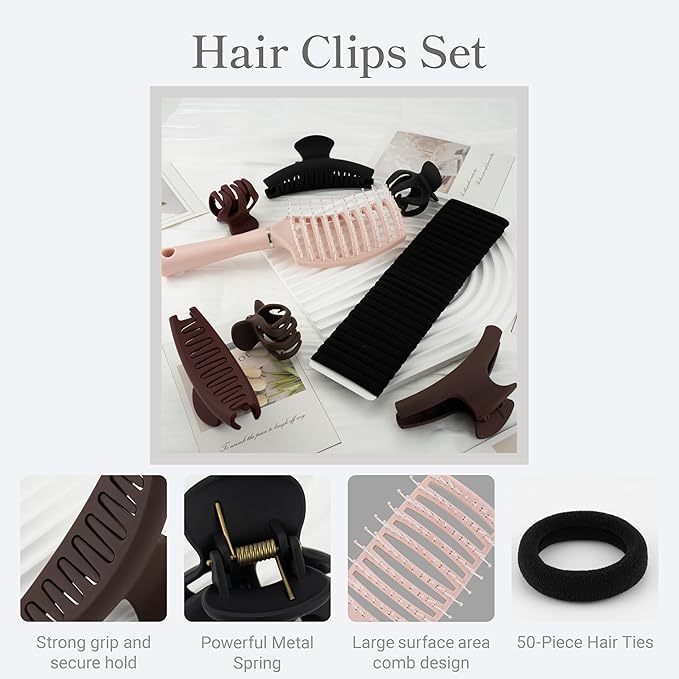 Dark Tones Hair Accessories Set - 3 Large Hair Claw Clips, 3 Small Claw Clips, Hair Brush, 28 Hair Ties for Women | Non-Slip for Thick & Thin Hair (Burgundy, Brown, Black)