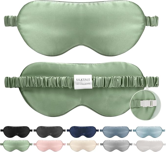 SILKTALE 100% Mulberry Silk Eye Mask for Sleeping with Silk Wrapped Adjustable Strap,Sage Green