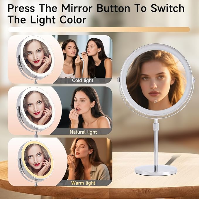 1X/30X Magnifying Makeup Mirror with Lights - 9" Large Dual-Sided Vanity Mirror with 3 Color Lights for Women's Travel Cosmetic Mirror | 3000 mAh-USB Rechargeable | 360° Rotation | Adjustable Height