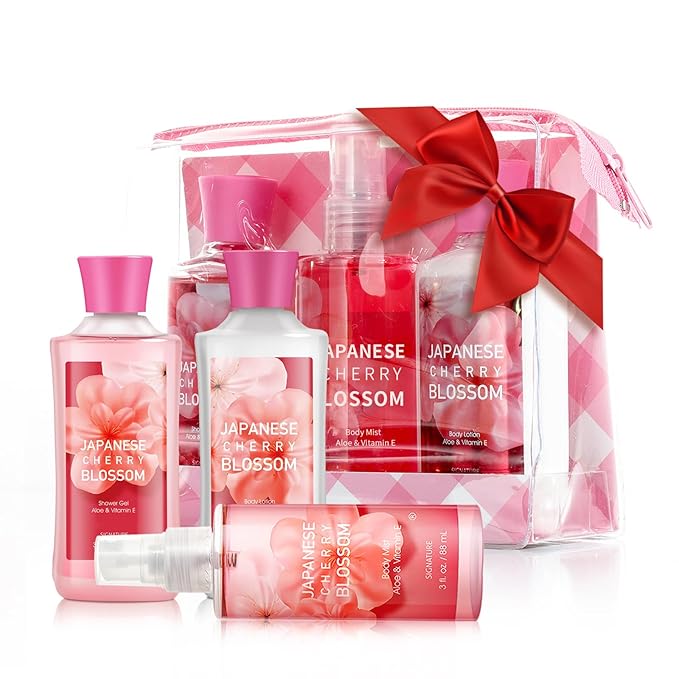 Bath Gift for Women and Girls, Japanese Cherry Blossom Spa Set With Natural Extracts, 3PCS Set - Shower Gel, Lotion, Mist, Personal Self Care Kit, Body Care Travel Set