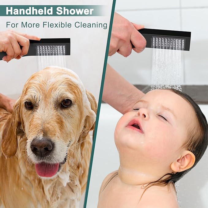 Shower Faucet Set Matte Black Shower Systems, STARBATH 3 Way Shower Faucet with 2 in 1 Handheld, Ceiling Mount 12+6" Dual Rain Shower Head for Two People, Shower Valve with 5 Diverter Complete