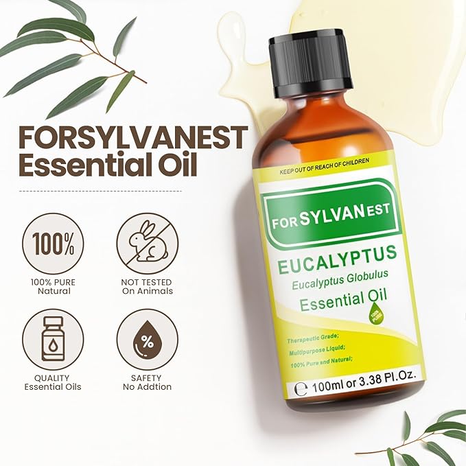 Eucalyptus Oil 3.38FL OZ/100ml, 100% Natural Eucalyptus Essential Oil Therapeutic Grade for Diffuser, Humidifier, Air Freshening, Home