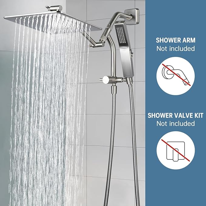 G-Promise All Metal 10 Inches Rain Shower Head with Handheld Built-in Power Wash Mode, 3-way Diverter with Pause Setting, 11 Inches Adjustable Extension Arm with Lock Joint, Long Hose (Brushed Nickel)