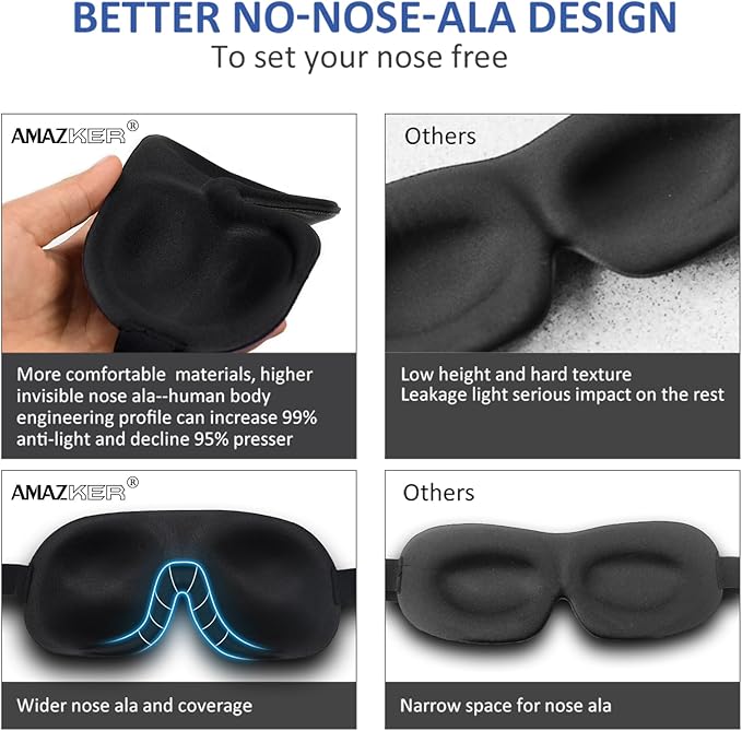AMAZKER Sleep Mask Invisible Alar Deep Orbit 3D Eye Mask Ultra Lightweight & Comfortable Sleeping Mask for Travel, Nap, Shift Works XL Black