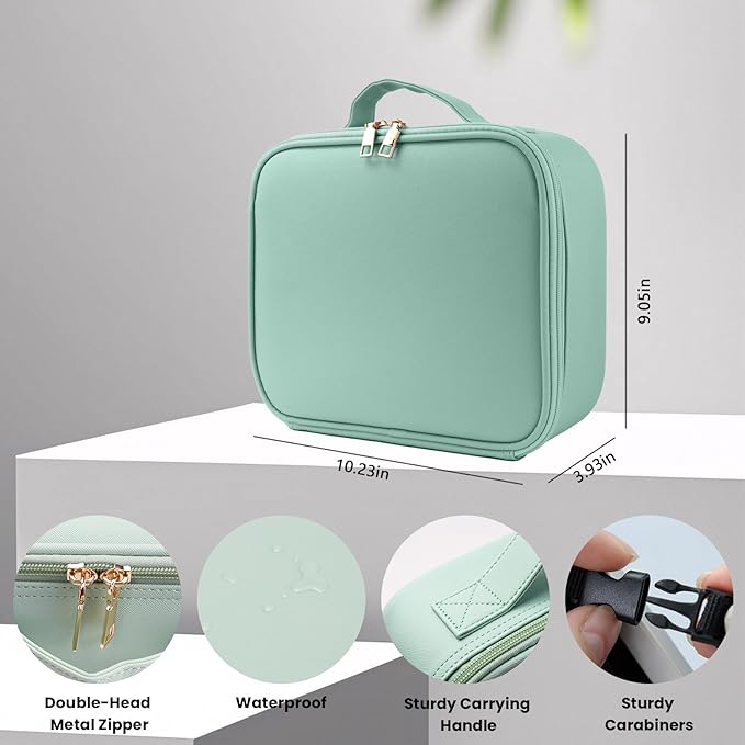 SUILU Travel Makeup Bag with LED Mirror and Light Makeup Travel Bag Organizer Portable Cosmetic Brush Organizer Bag with Adjustable Dividers for Cosmetics Makeup Brushes Toiletry (Light Green)