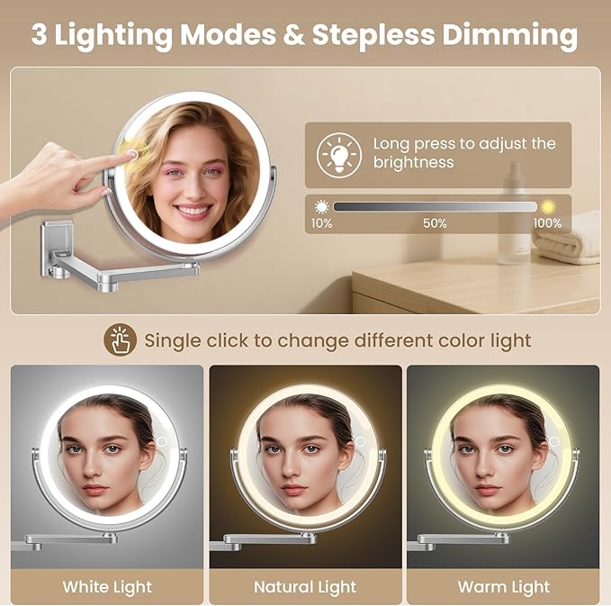 Wall Mounted Makeup Mirror with Lights, 8-inch 20X/1X Magnifying Mirror, Rechargeable LED Vanity Mirror with 3 Color Lights, 360° Swivel & Extendable Arm