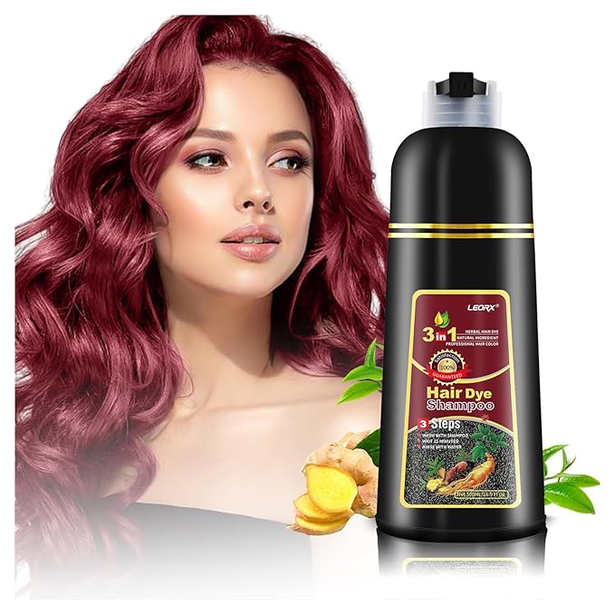 Leorx 3 In 1 Wine Red Color Hair Dye shampoo, For Refresh and Instant Herbal Coloring For Women&Men - Tintes Para El Cabello Profesional