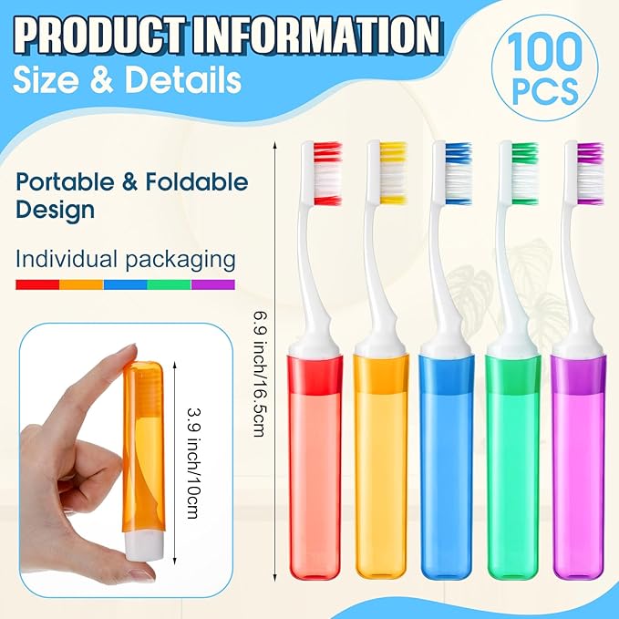Thenshop 100 Pack Travel Toothbrush Bulk Mini Foldable Tooth Brush with Case, Soft Bristle, Individually Wrapped, Portable Size for Traveling Camping Hiking, 5 Colors